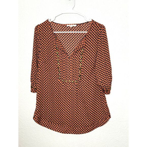 41 Hawthorn Stitch Fix Geometric Print Top Pintuck Pleat Studded Size M Orange - Picture 2 of 11